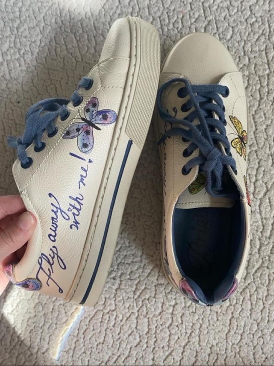 Brighton Shoes - Brighton Cream Sneakers with Blue Interior and Butterfly Accents